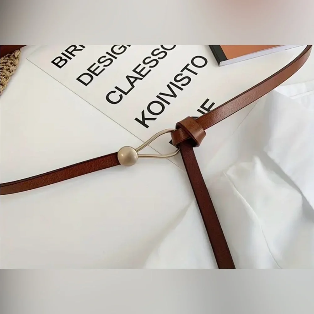 Trendy Knotted Thin Skinny Belt‎ Classic Camel Color Faux Leather One Size